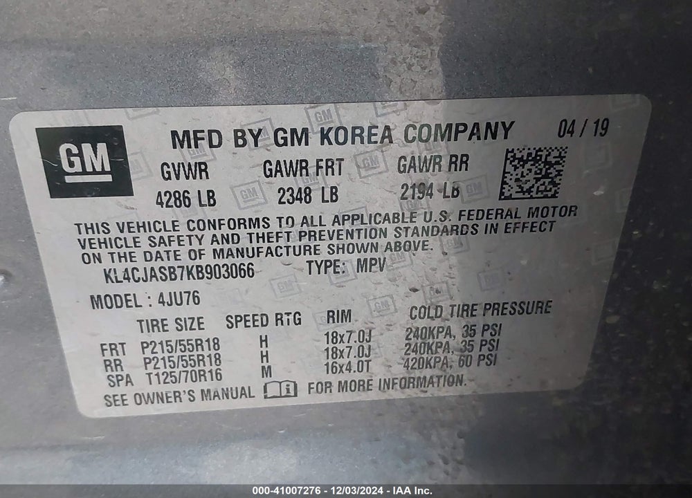 2019 BUICK ENCORE FWD PREFERRED VIN: KL4CJASB7KB903066