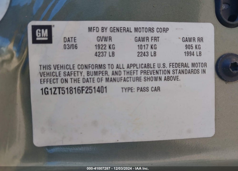 2006 CHEVROLET MALIBU LT VIN: 1G1ZT51816F251401