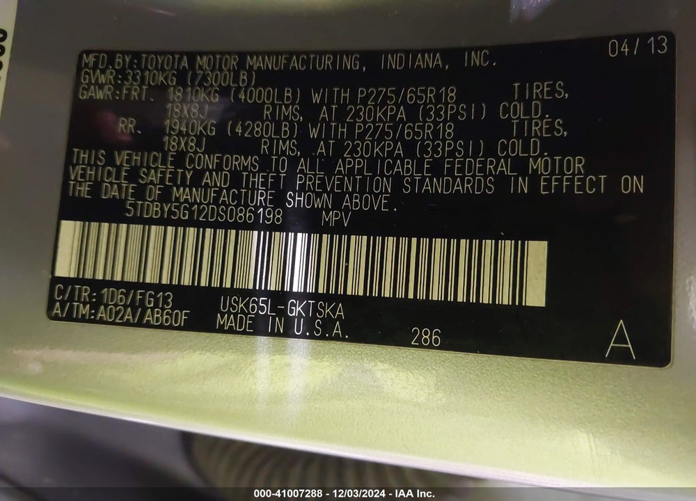 2013 TOYOTA SEQUOIA SR5 5.7L V8 VIN: 5TDBY5G12DS086198