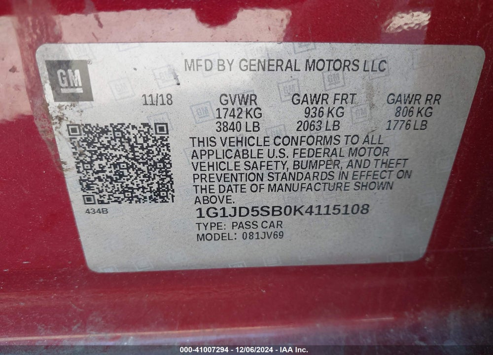2019 CHEVROLET SONIC VIN: 1G1JD5SB0K4115108