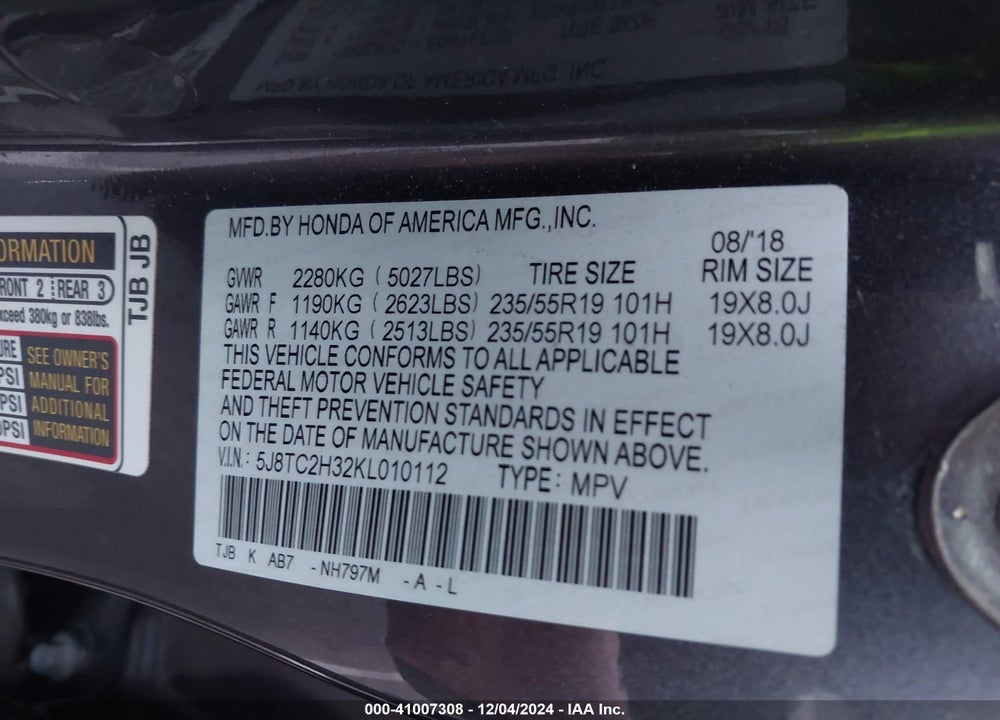 2019 ACURA RDX STANDARD VIN: 5J8TC2H32KL010112