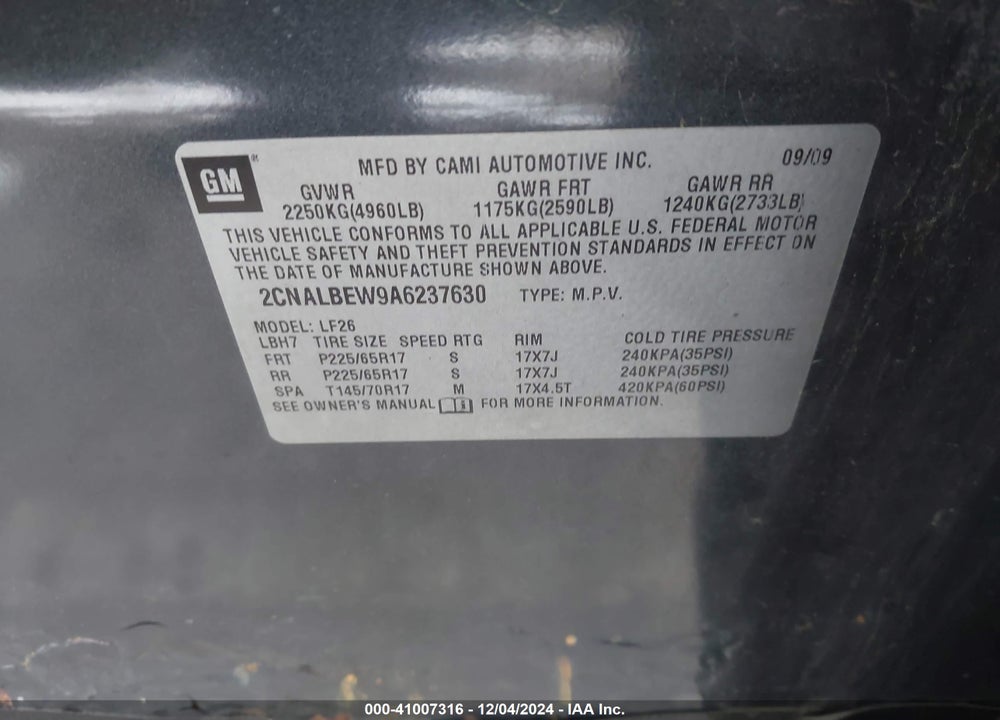 2010 CHEVROLET EQUINOX LS VIN: 2CNALBEW9A6237630