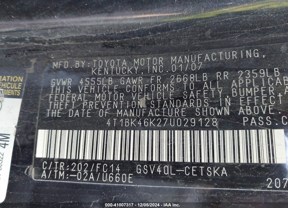 2007 TOYOTA CAMRY SE V6 VIN: 4T1BK46K27U029128