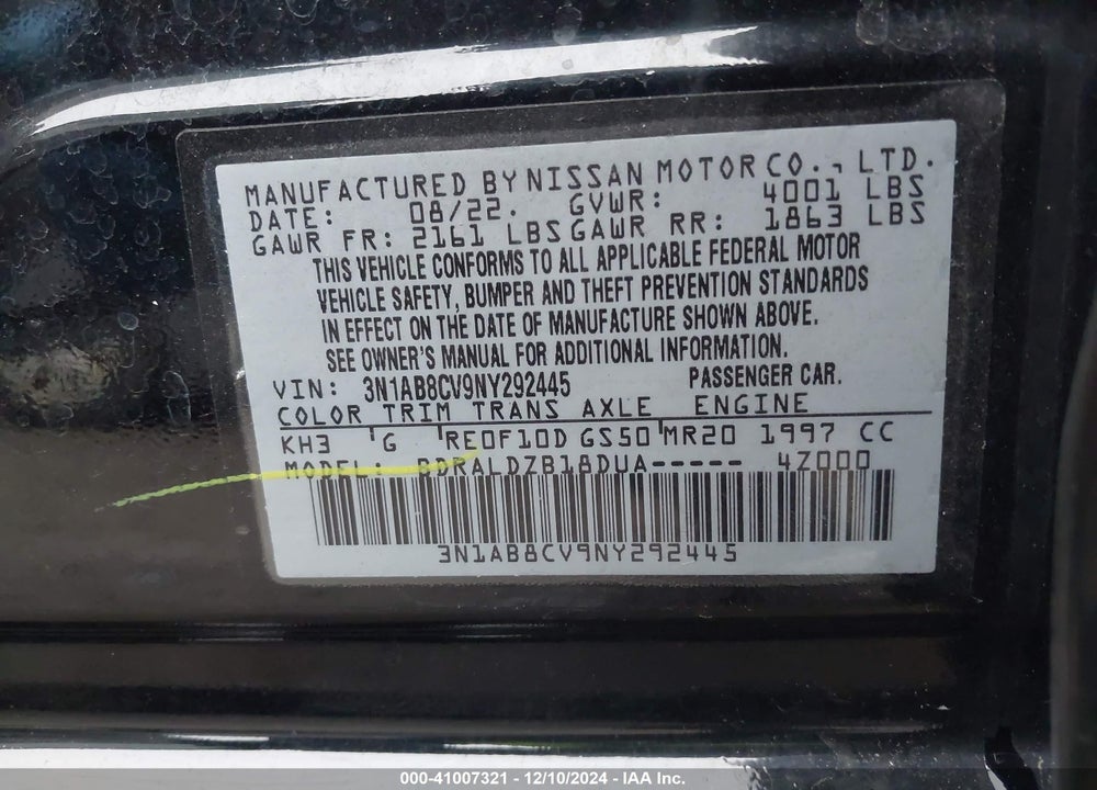 2022 NISSAN SENTRA SV XTRONIC CVT VIN: 3N1AB8CV9NY292445