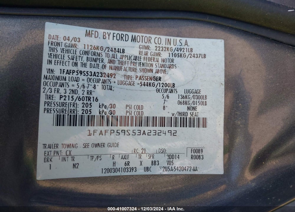 2003 FORD TAURUS SEL VIN: 1FAFP59S53A232492