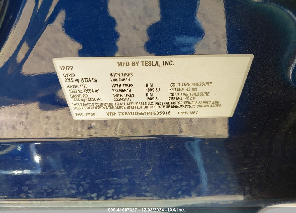 2023 TESLA MODEL Y AWD/LONG RANGE DUAL MOTOR ALL-WHEEL DRIVE VIN: 7SAYGDEE1PF635916