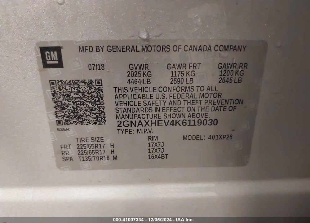2019 CHEVROLET EQUINOX LS VIN: 2GNAXHEV4K6119030