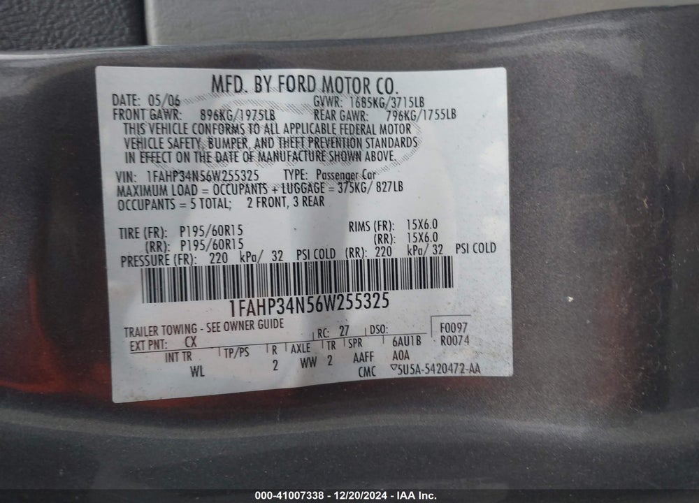 2006 FORD FOCUS ZX4 VIN: 1FAHP34N56W255325