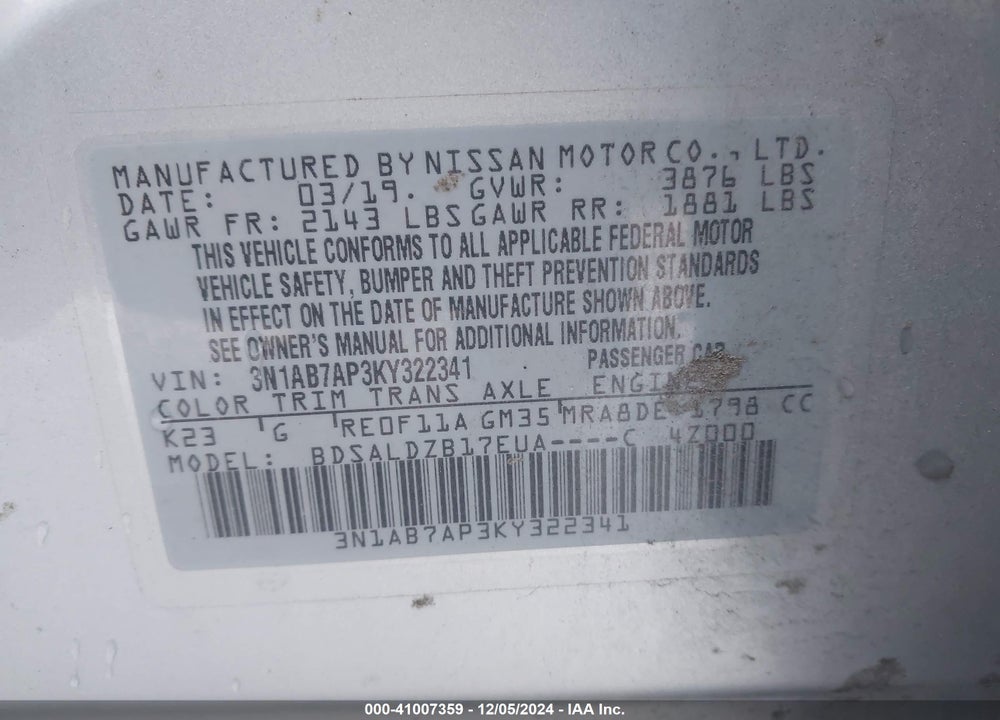 2019 NISSAN SENTRA SV VIN: 3N1AB7AP3KY322341