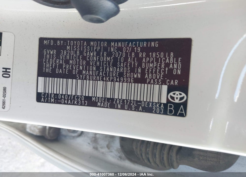 2019 TOYOTA COROLLA SE VIN: 5YFBURHE4KP949996