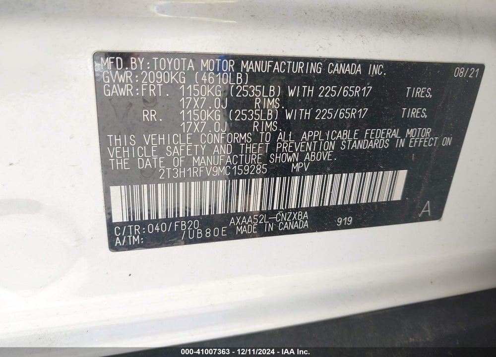 2021 TOYOTA RAV4 LE VIN: 2T3H1RFV9MC159285