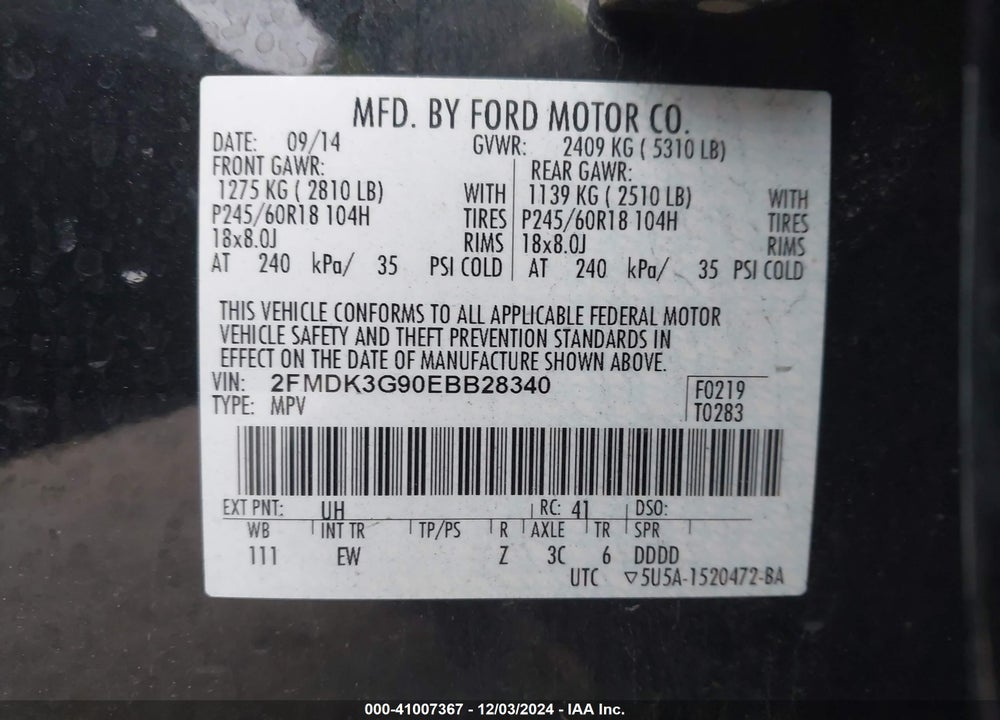 2014 FORD EDGE SE VIN: 2FMDK3G90EBB28340