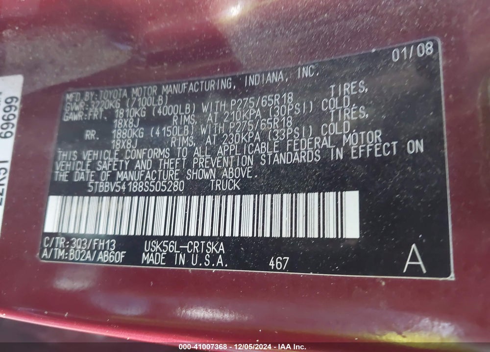 2008 TOYOTA TUNDRA SR5 5.7L V8 VIN: 5TBBV54188S505280