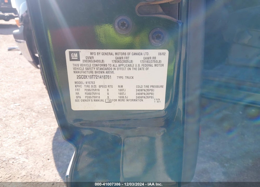 2002 CHEVROLET SILVERADO 1500 LS VIN: 2GCEK19T721418761