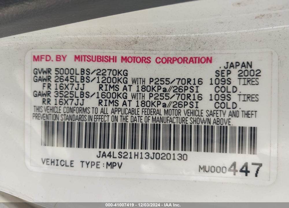 2003 MITSUBISHI MONTERO SPORT ES/LS VIN: JA4LS21H13J020130