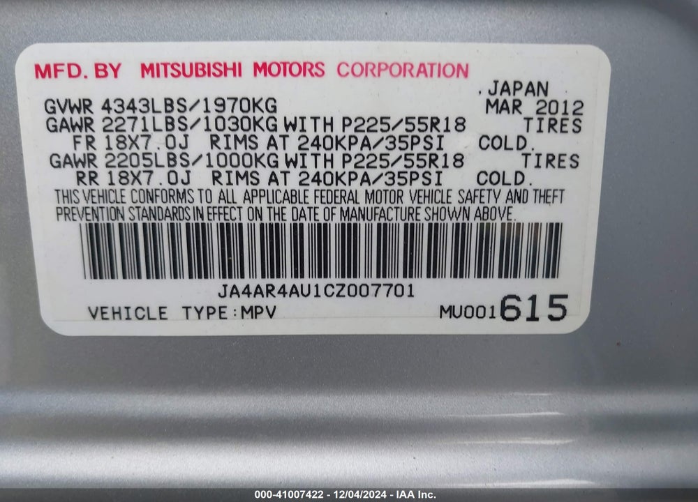 2012 MITSUBISHI OUTLANDER SPORT SE VIN: JA4AR4AU1CZ007701