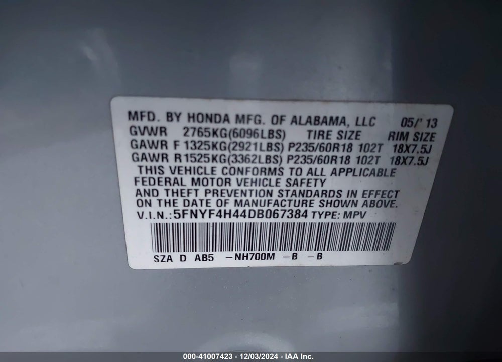 2013 HONDA PILOT EX VIN: 5FNYF4H44DB067384