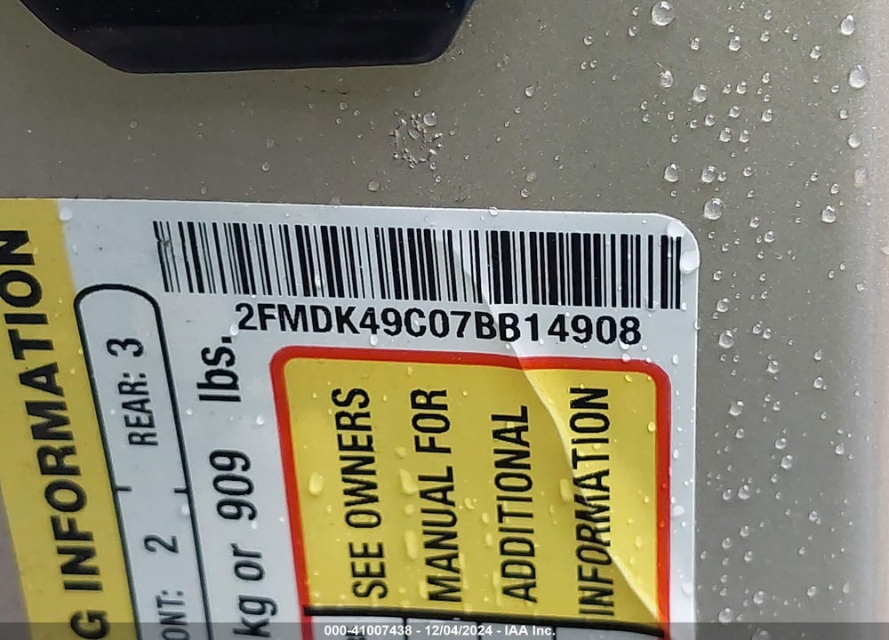 2007 FORD EDGE SEL PLUS VIN: 2FMDK49C07BB14908