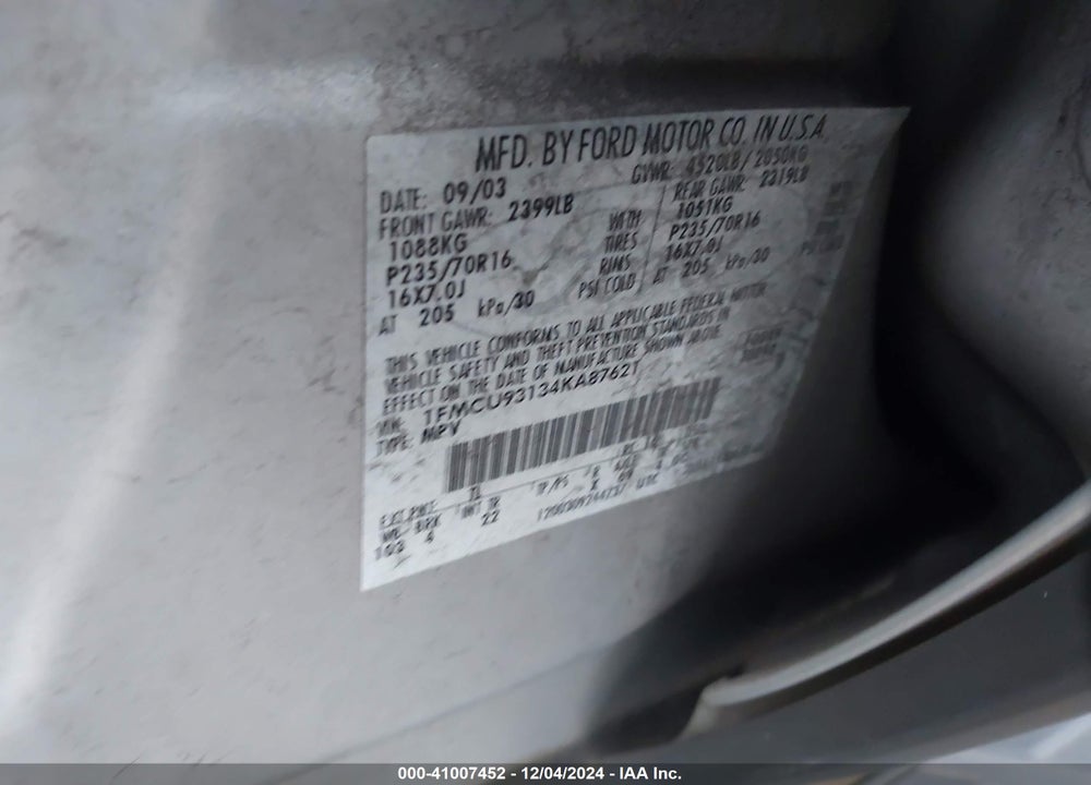 2004 FORD ESCAPE XLT VIN: 1FMCU93134KA87621