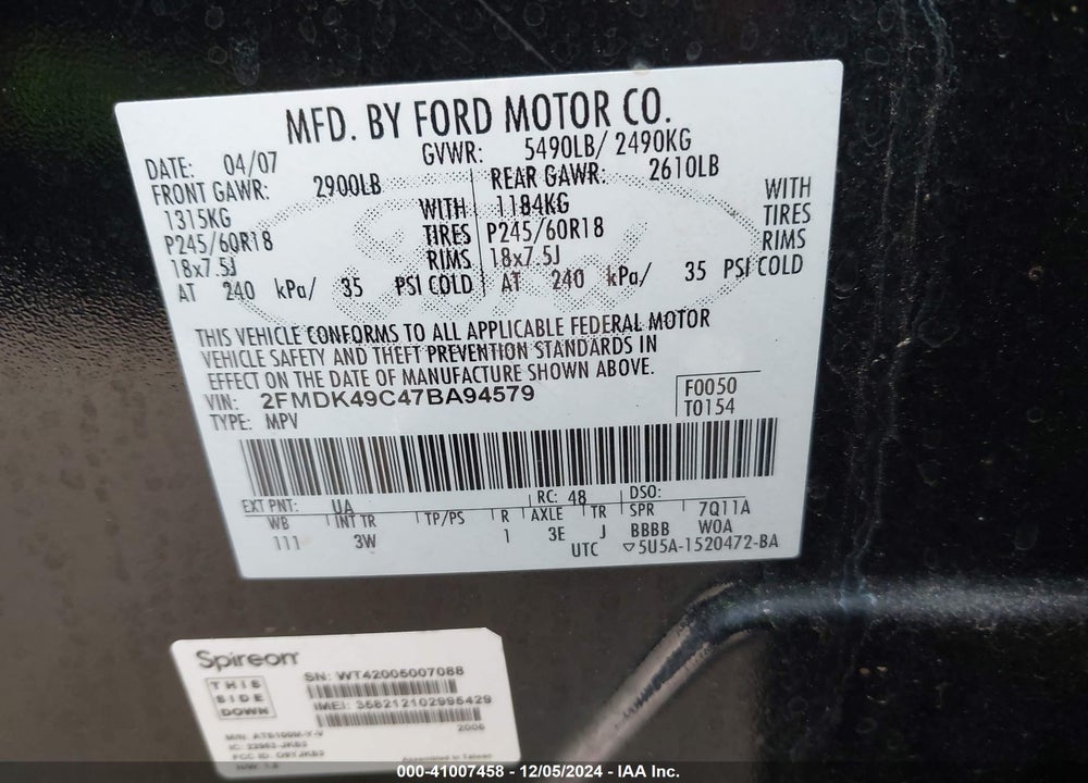 2007 FORD EDGE SEL PLUS VIN: 2FMDK49C47BA94579