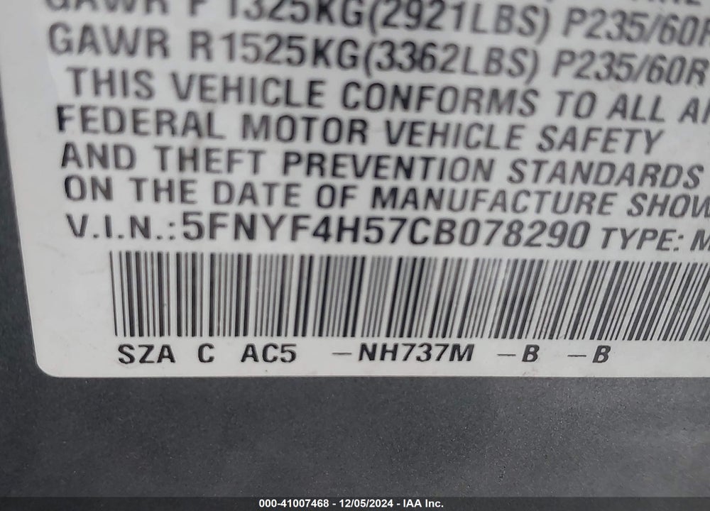 2012 HONDA PILOT EX-L VIN: 5FNYF4H57CB078290