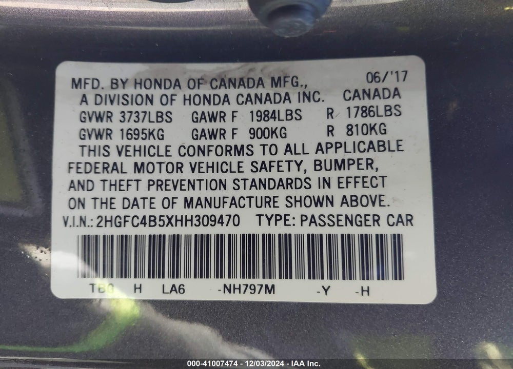 2017 HONDA CIVIC LX VIN: 2HGFC4B5XHH309470