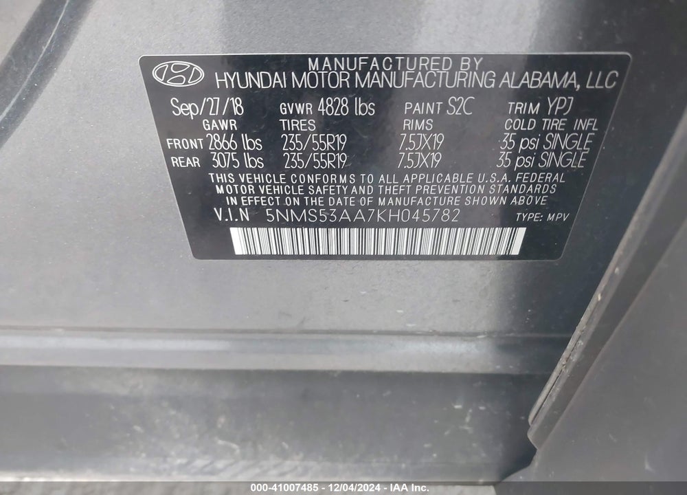 2019 HYUNDAI SANTA FE ULTIMATE 2.0T VIN: 5NMS53AA7KH045782