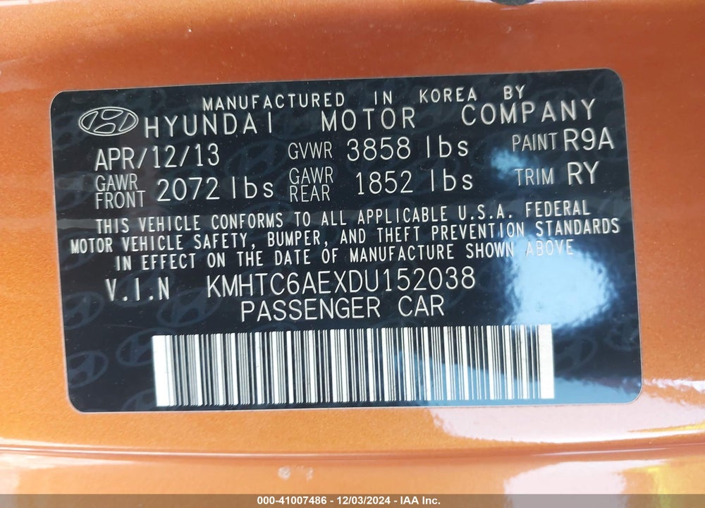 2013 HYUNDAI VELOSTER TURBO W/BLACK VIN: KMHTC6AEXDU152038