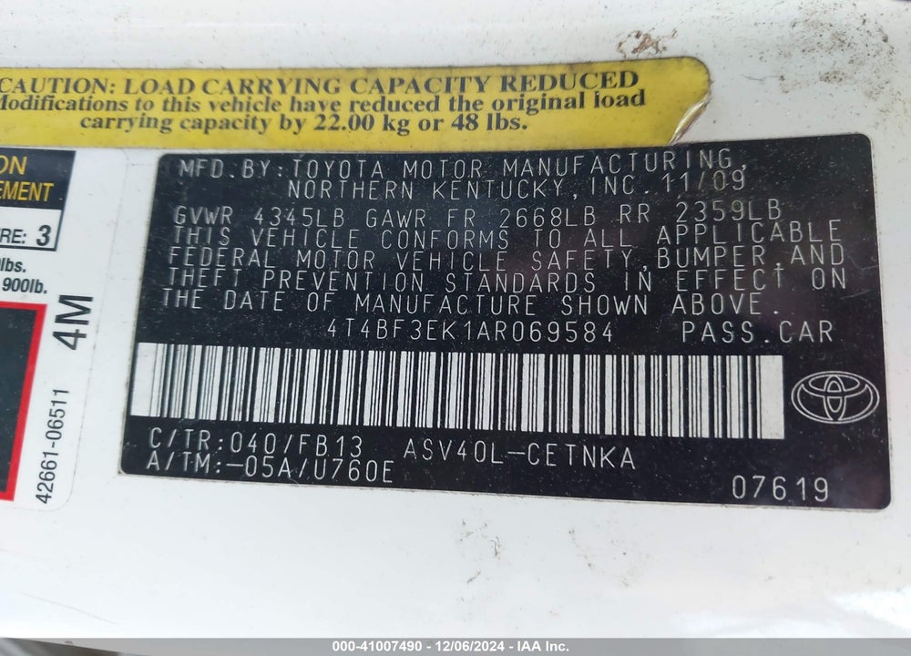 2010 TOYOTA CAMRY VIN: 4T4BF3EK1AR069584