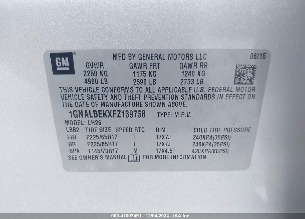 2015 CHEVROLET EQUINOX 1LT VIN: 1GNALBEKXFZ139758