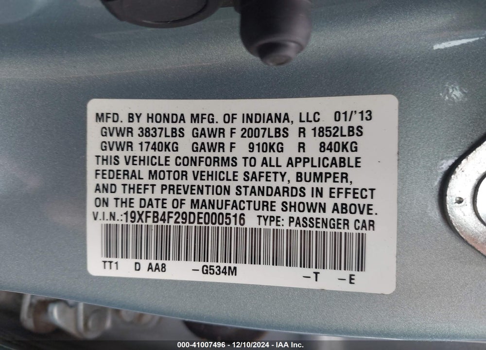 2013 HONDA CIVIC HYBRID VIN: 19XFB4F29DE000516