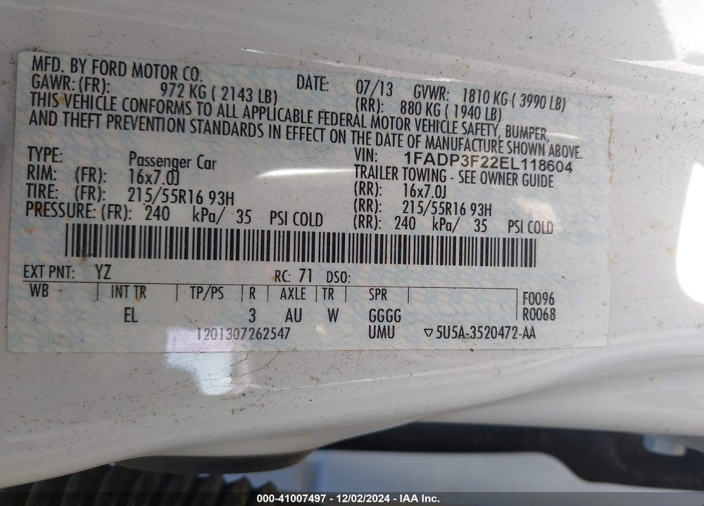 2014 FORD FOCUS SE VIN: 1FADP3F22EL118604