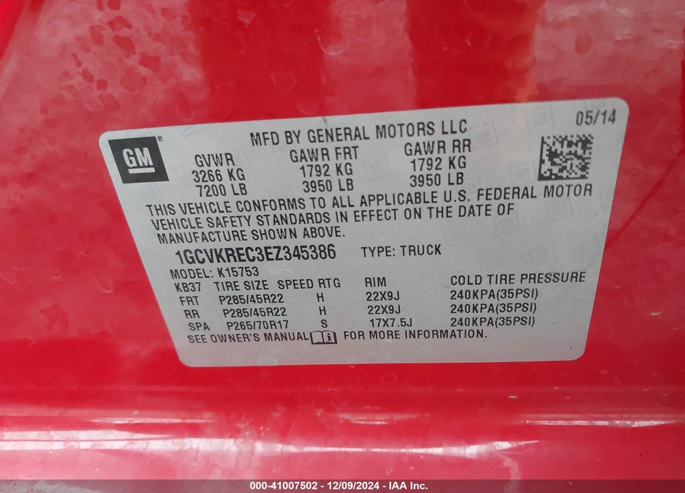 2014 CHEVROLET SILVERADO 1500 1LT VIN: 1GCVKREC3EZ345386