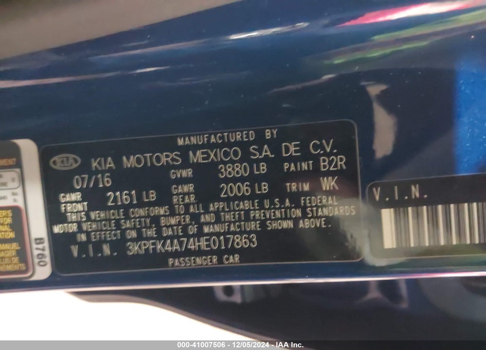 2017 KIA FORTE VIN: 3KPFK4A74HE017863