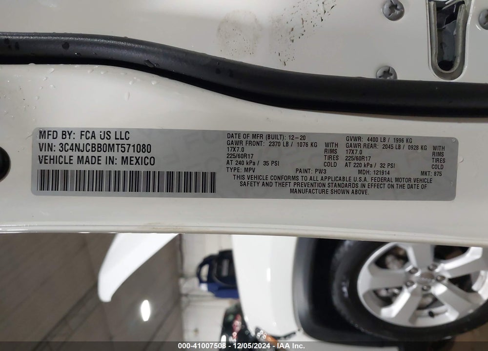 2021 JEEP COMPASS LATITUDE FWD VIN: 3C4NJCBB0MT571080