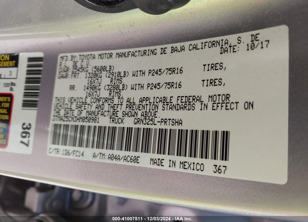 2017 TOYOTA TACOMA VIN: 3TMAZ5CN3HM050981