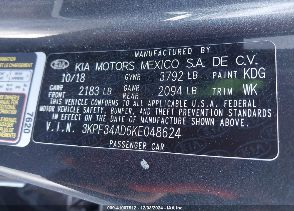 2019 KIA FORTE S VIN: 3KPF34AD6KE048624
