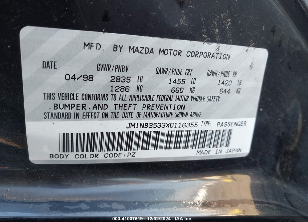 1999 MAZDA MX-5 MIATA LEATHER PKG/POPULAR EQUIPMENT PKG/SPORTS PKG/TOURING PKG VIN: JM1NB3533X0116355