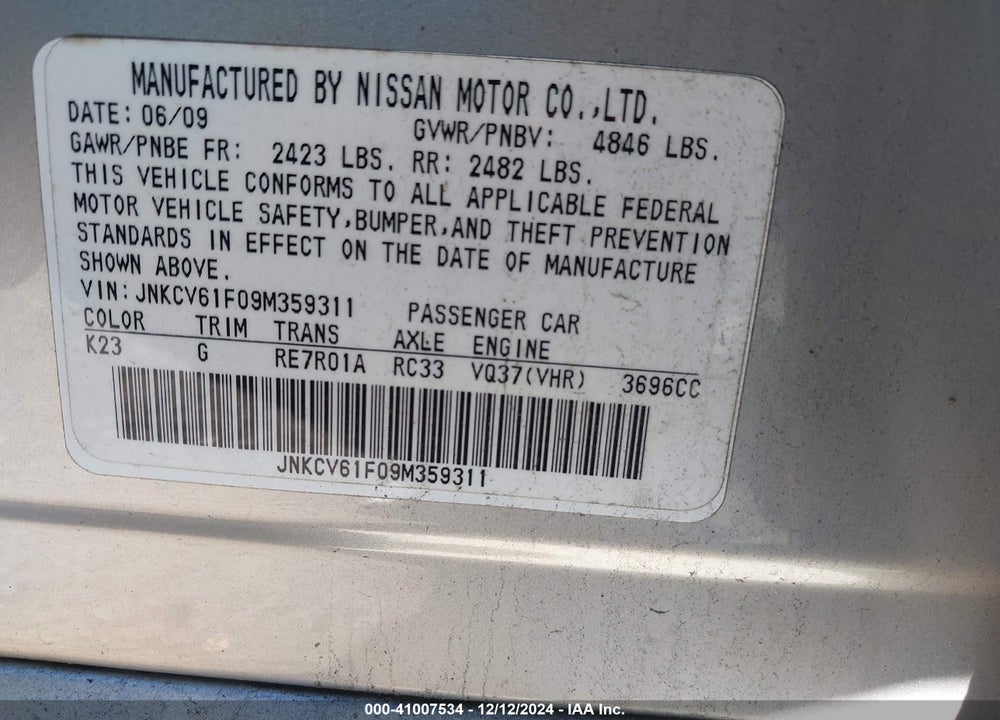2009 INFINITI G37X VIN: JNKCV61F09M359311