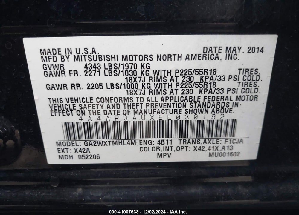 2014 MITSUBISHI OUTLANDER SPORT ES VIN: 4A4AP3AUXEE030192