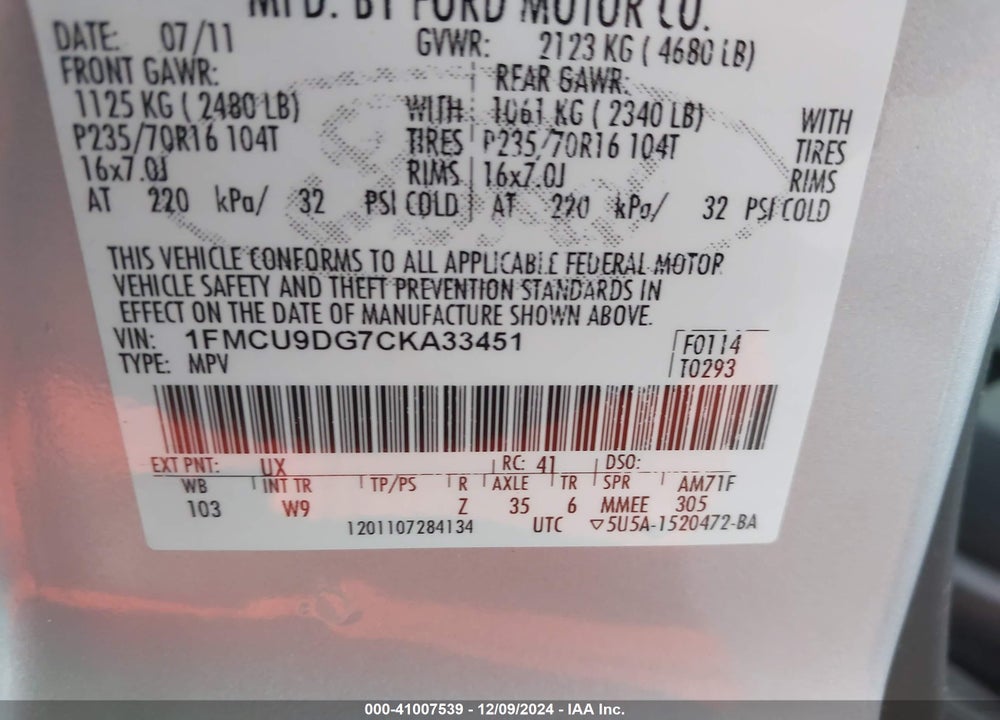 2012 FORD ESCAPE XLT VIN: 1FMCU9DG7CKA33451