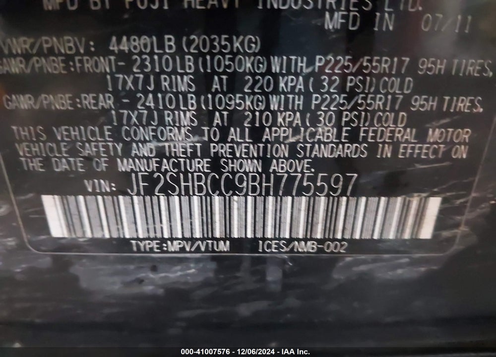 2011 SUBARU FORESTER 2.5X PREMIUM VIN: JF2SHBCC9BH775597