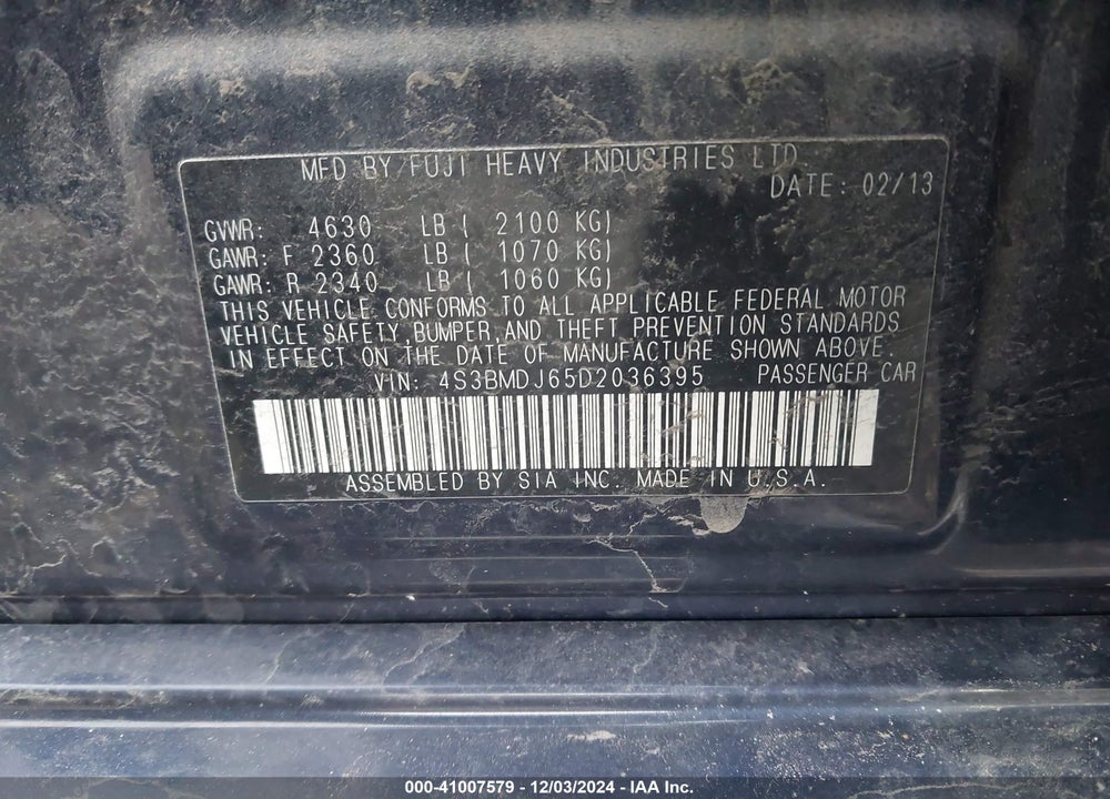 2013 SUBARU LEGACY VIN: 4S3BMDJ65D2036395