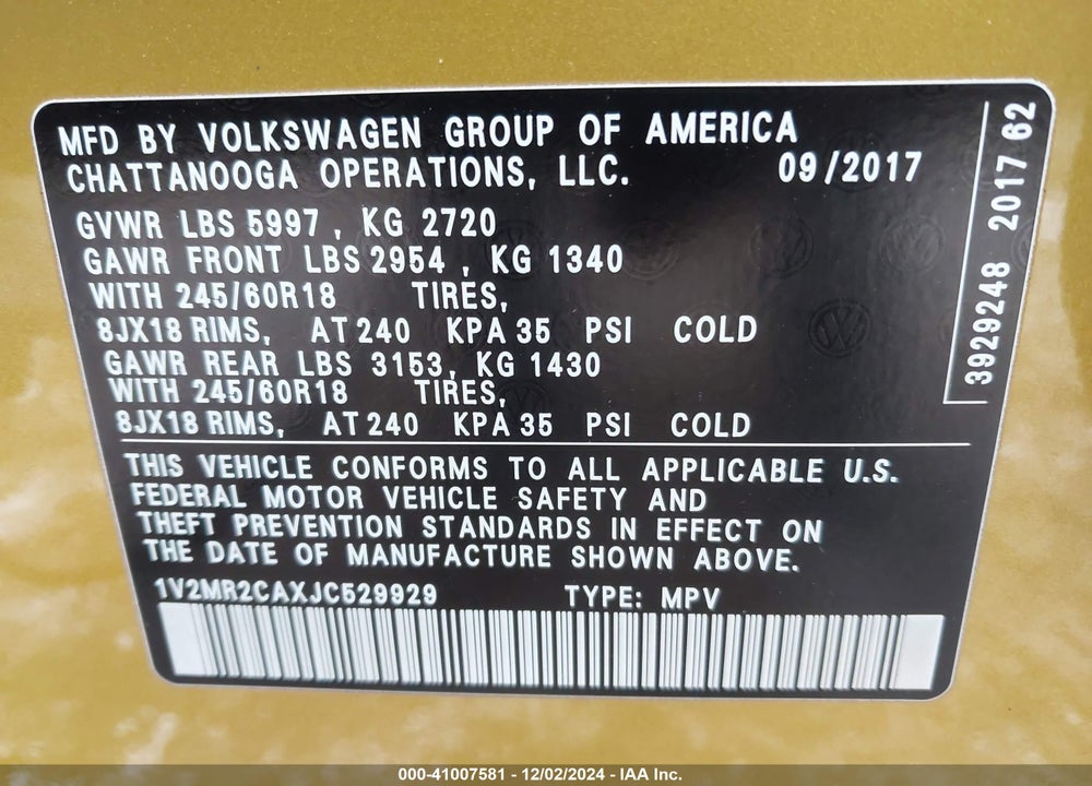 2018 VOLKSWAGEN ATLAS 3.6L V6 SEL VIN: 1V2MR2CAXJC529929