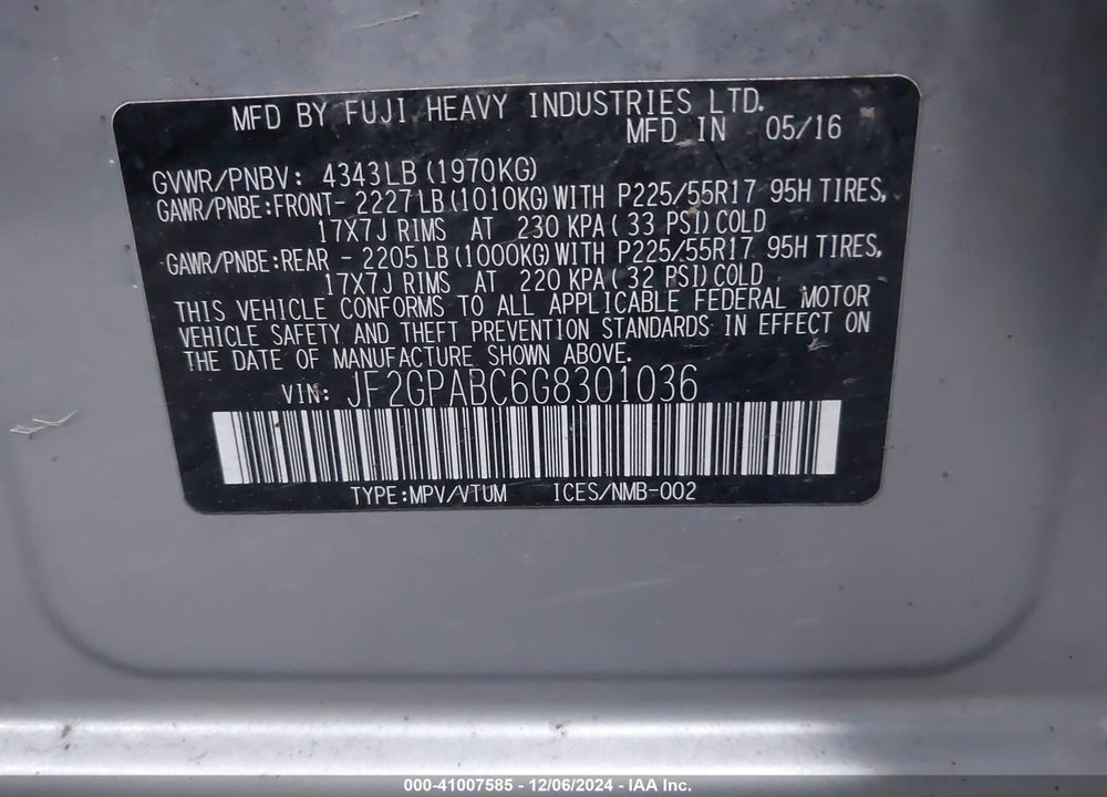 2016 SUBARU CROSSTREK 2.0I PREMIUM VIN: JF2GPABC6G8301036