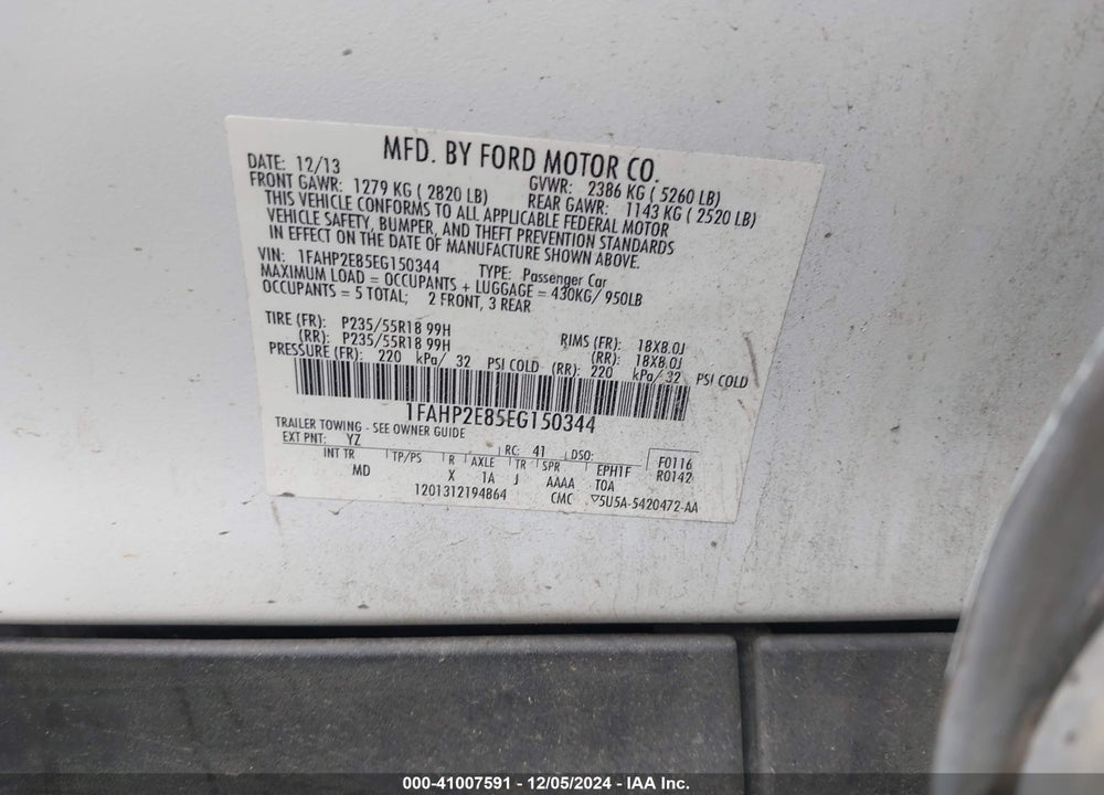 2014 FORD TAURUS SEL VIN: 1FAHP2E85EG150344