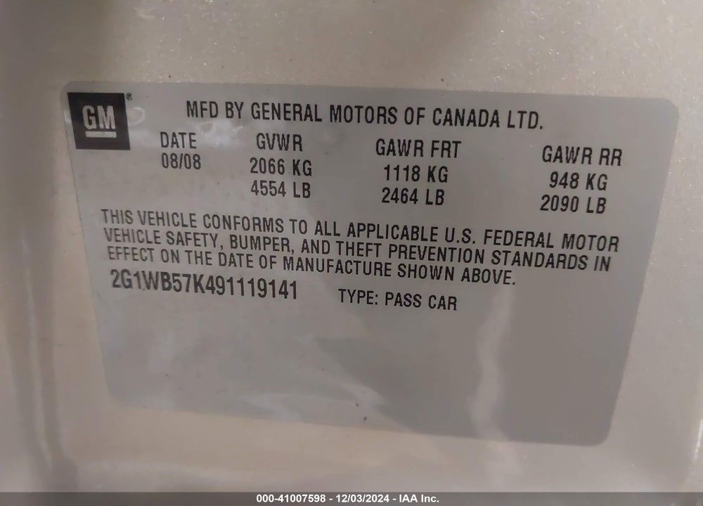 2009 CHEVROLET IMPALA LS VIN: 2G1WB57K491119141