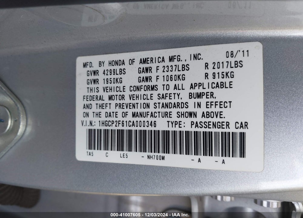 2012 HONDA ACCORD 2.4 SE VIN: 1HGCP2F61CA000346