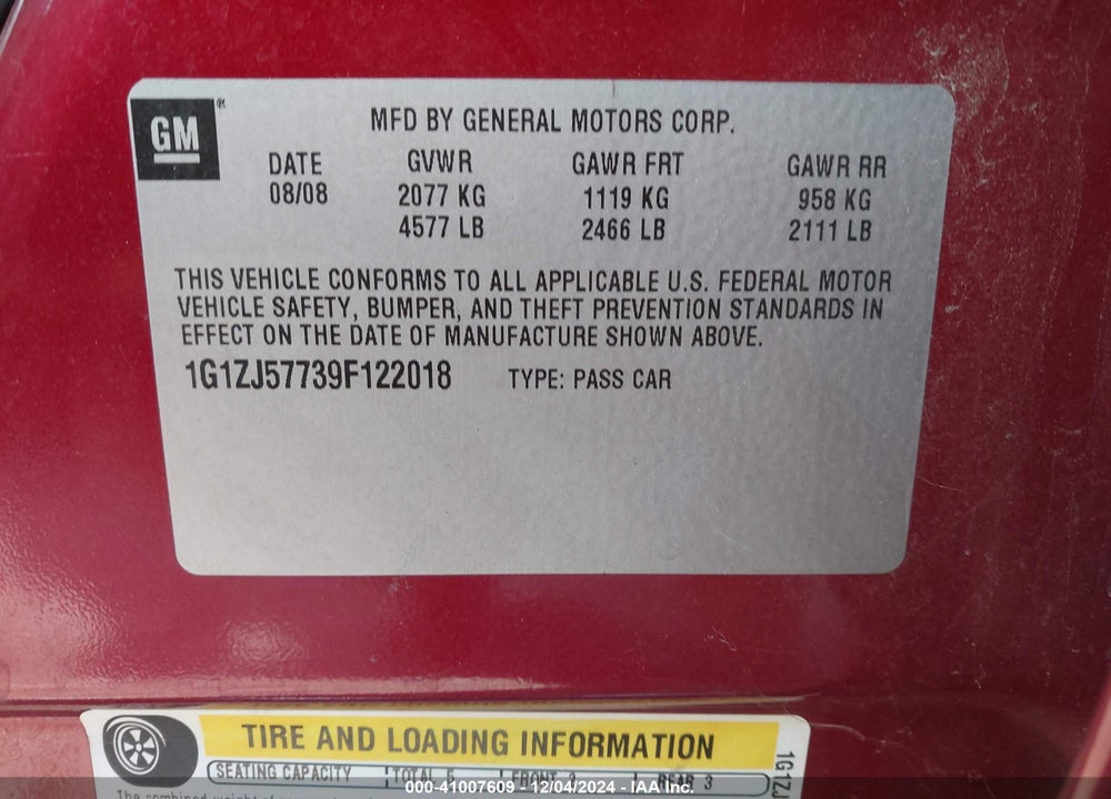 2009 CHEVROLET MALIBU LT VIN: 1G1ZJ57739F122018