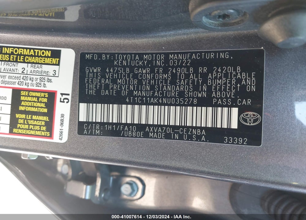 2022 TOYOTA CAMRY LE VIN: 4T1C11AK4NU035278